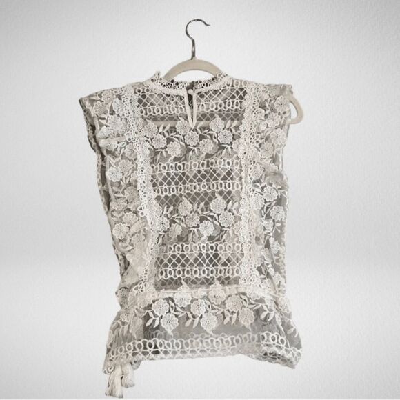 Lace Crochet Ruffle Blouse White Size Small - Picture 2 of 8